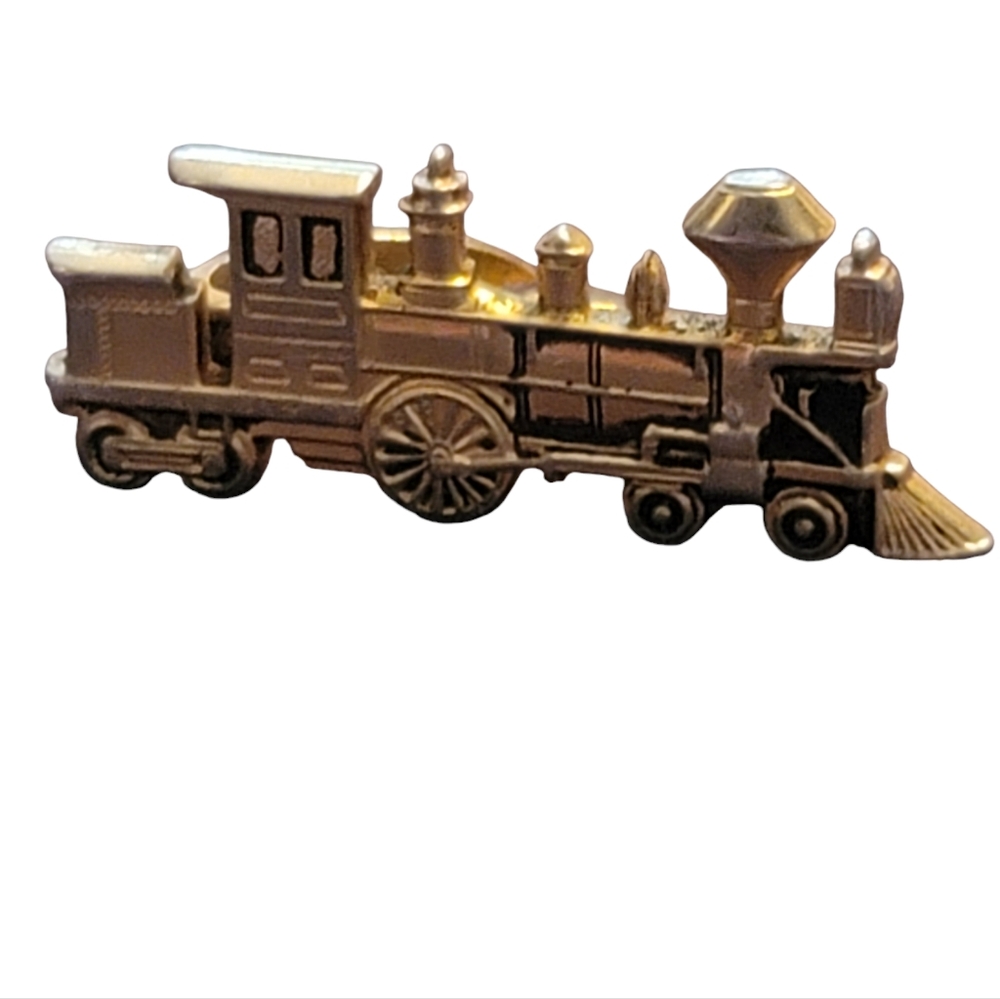 Train Engine Tie Clasp 3D Micro Cast Gold Color Metal Vntg Locomotive Railroad